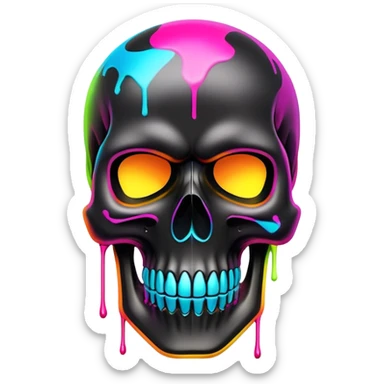 sleek black skull with vibrant neon graffiti tags and famous luxury brand logos spray painted, front view sticker