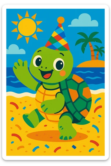 playful turtle on the beach with a festive party hat, bright and cheerful, colorful sticker