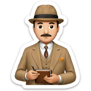 A cinematic-style frame showing Hercule Poirot in his iconic suit with a notebook in a dramatic detective pose. Background should be mysterious city, map, a board with photos of suspects, clues like fingerprints. Transparent background. sticker