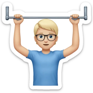 Wygeneruj mi emotke całego ubranego chłopaka od stóp do głów o włosach blond z niebieskimi oczami w okularach, który podciąga się na drążku sticker