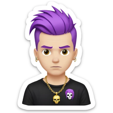 make a iphone emoji who is a white man that looks punk with purple punkk hair, with a black punk shirt and a golden neckless sticker