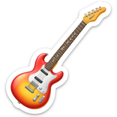A 3D Apple-style emoji showing the word "ROCK" in bold metallic letters, with a small electric guitar leaning on the text, vibrant glowing effect, playful and energetic cartoon style, symbolizing rock music. sticker