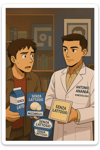 fai un webtoon manga a colori con questo stile, in cui un uomo ASCOLTA Il kinesiologo con il camice bianco (fagli anche la scritta "ANTONIO ANANIA" SUL CAMICE, IL KINESIOLOGO SPIEGA ALL'UOMO UNA MOSTRANDO VARI PRODOTTI DA SUPERMERCATO CONFEZIONATI (TIPO SCATOLA DI LATTE, MOZZARELLE CONFEZIONATE, FORMAGGIO CONFEZIONATO), OGNI CONFEZIONE HA LA SCRITTA "SENZA LATTOSIO SULL'ETICHETTA. L'UOMO OSSERVA IL KINESIOLOGO CON ESPRESSIONE CONFUSA IN VOLTO. non fare i fumetti però, fai solo in modo che sembri stiano parlando sticker