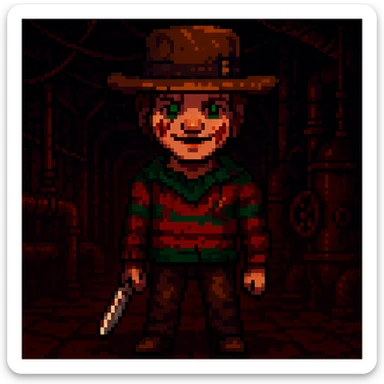 Add a spooky, nightmarish background with a boiler room and dark shadows behind Freddy Krueger, keep pixel art style sticker