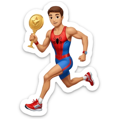 spiderman picking running a marathon with gold medal sticker