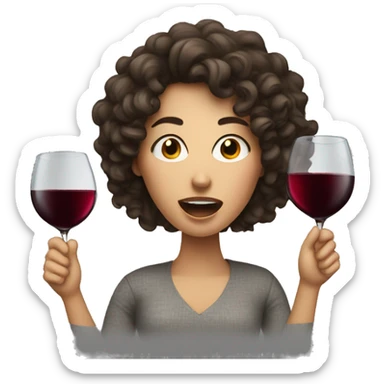 White Woman with curly dark brown hair drinking wine shouting sticker