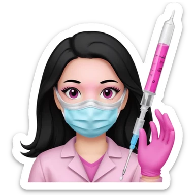 laboratorista con guantes rosa y mascarilla rosa  jeringa tubo laboratorio sin lentes  y  ojos negros cabello largo negro color ojos oscuro sticker