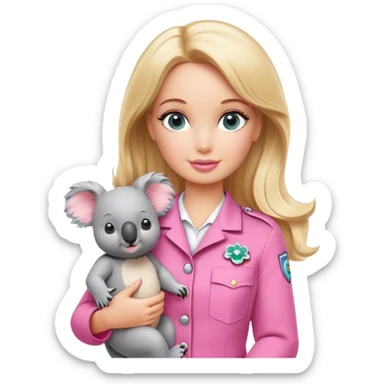 Blonde zookeeper Barbie, holding a koala, pink uniform sticker