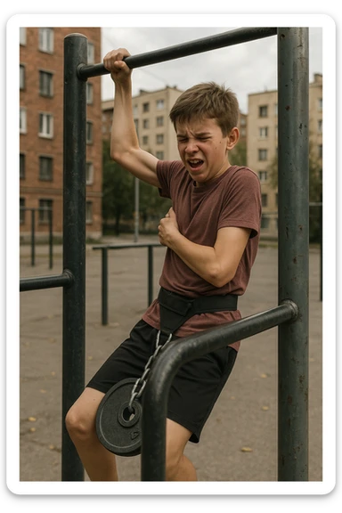 Giovane atleta neofita, fisico normale e non ancora sviluppato, si allena per la prima volta in uno spazio urbano per streetlifting: sbarra per trazioni, parallele, e pesi appesi alla cintura. Ma si è infortunato perchè non faceva le cose con la giusta tecnica. sticker