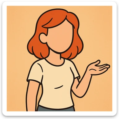 friendly young woman avatar with red hair, no face, gentle posture, warm color palette, simple flat toon illustration sticker