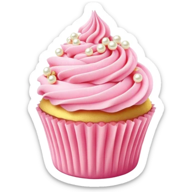 Cinematic Realistic Pink Cupcakes, fluffy pastel pink frosting swirled elegantly on top of golden cupcakes, tiny edible pearls adding a delicate touch, soft warm lighting creating a dreamy atmosphere, glowing with sweetness and charm. sticker