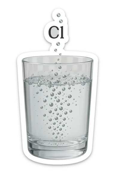 un bicchiere di acqua realistico e dettagliato fluttua in aria, dentro l'acqua del bicchiere ci sono particelle di cloro ben visibili con la scritta "Cl" sopra, ci sono particelle anche che escono dal bicchiere e fluttuano in aria verticalmente, mentre alcune sono all'interno dell'acqua nel bicchiere, iperrealistico 4k sticker