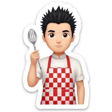 big boy with black spiky hair styled upward, wearing a white apron with red squares pattern sticker