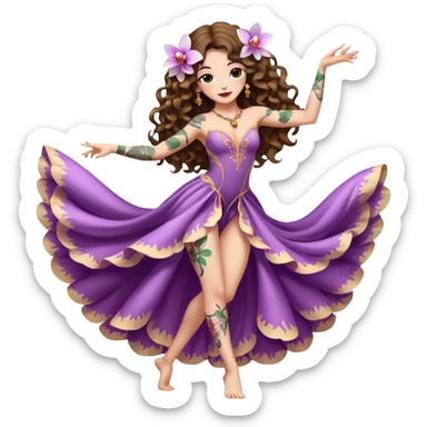 full body woman long curly brown hair brown eyes white skin tattoos wearing orchid petal dress, flower veil dancer pose, arched back, flirty pose sticker