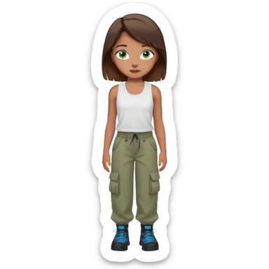 Girl with brown hair that looks black with blue like green eyes with beauty marks and braces wearing a white tanktop and baggy cargo pants sticker