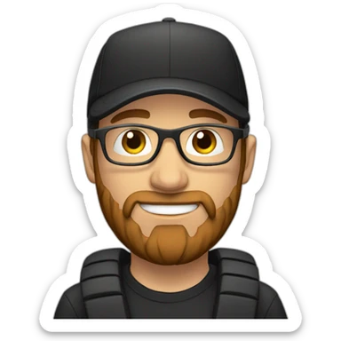 White male with headphones, clear glasses, black cap and brown beard sticker