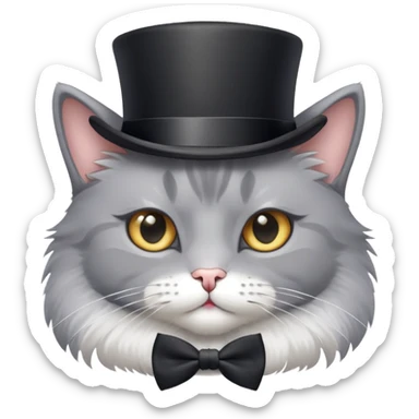 A gray cat with a top hat and bow tie sticker