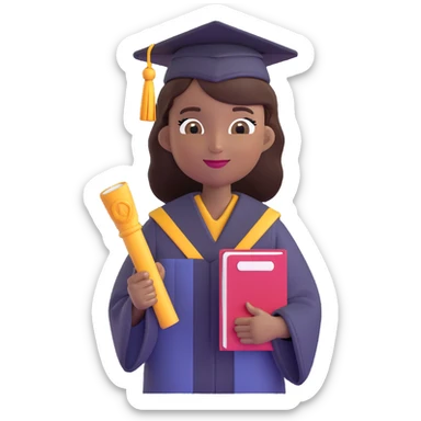 African American female graduate emoji, holding diploma, wearing cap and gown sticker