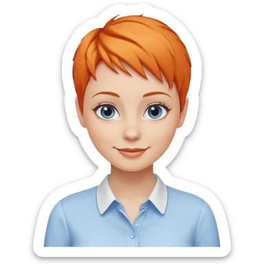 27 year old white woman, orange hair, pixie cut, blue eyes,  wearing a white blouse sticker
