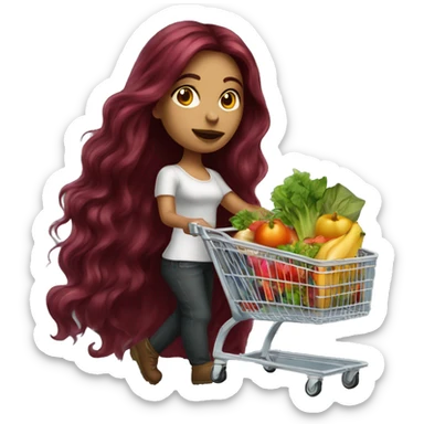 Beautiful tattooed burgundy long haired woman pushing shopping cart sticker