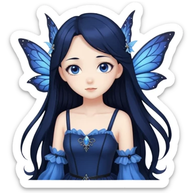 Gothic anime fairy with long beautiful black hair and dark blue dress, pastelcore, sticker