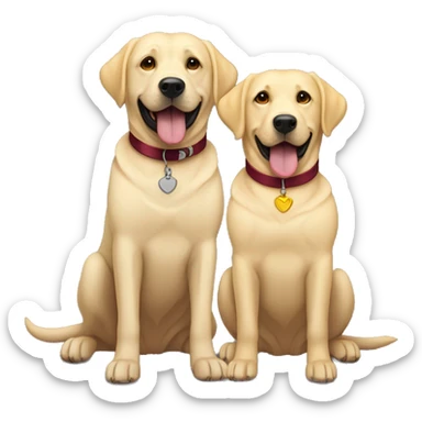 Two happy  Labradors, one black wearing a burgundy collar and one yellow Labradors wearing a beige collar sticker