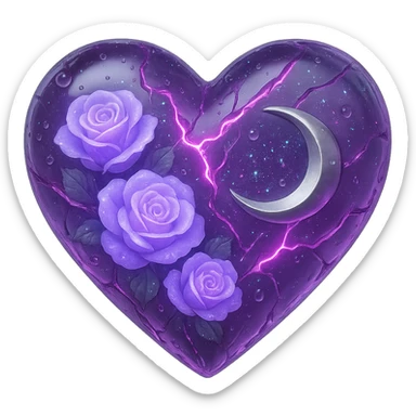 Create a gothic heart made of light purple glass with a silver crescent moon, glowing lavender roses, holographic stardust, neon pink lightning, drenched and splintered glass. The style should emulate the 3D emoji style with a transparent background. Please note the 3D emoji style does not support editing, so use the general style to capture the look and details. sticker