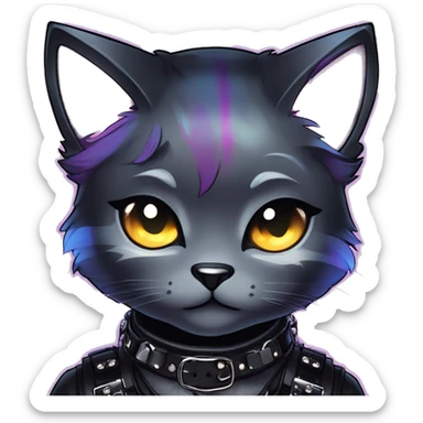 Gorgeous sparkly shiny colorful gradient gothic dark techwear anime style anthro cat with blushing face aesthetic and pretty edgy black with collar and harness trending style sticker