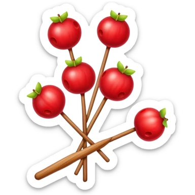 Candied hawthorn fruits on wooden stick Tanghulu, simplified emoji style with bold outlines and bright colors, cartoon style shiny red Chinese sweet sticker