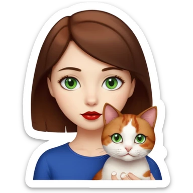Short brown haired girl with dark blue eyes and red lips holding a calico cat with green eyes sticker
