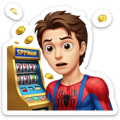 disheveled spiderman losing money at a slot machine, panicked face, coins flying sticker