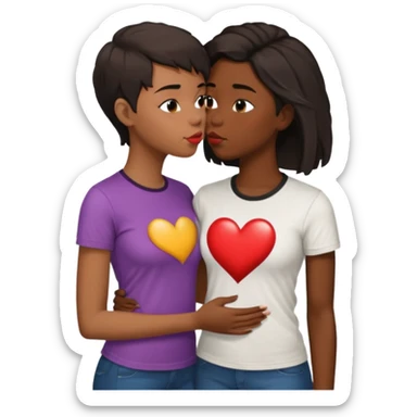 Black lesbian couple with one dark skin masculine with short haircut with a t shirt and one feminine with long hair in a blouse kissing sticker
