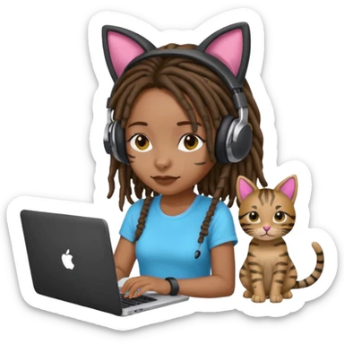 black girl with dreads who works remotely through a laptop with headphones that have plastic cat ears connected to the headphones.  sticker