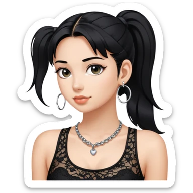 Y2K girl with black hair and ponytail black lace tank top silver hoop earrings and necklace  sticker