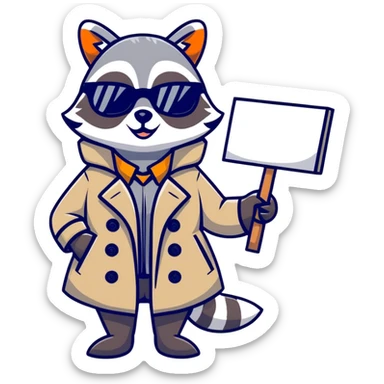 Female raccoon in a trench coat and sunglasses holding a big blank sign   sticker