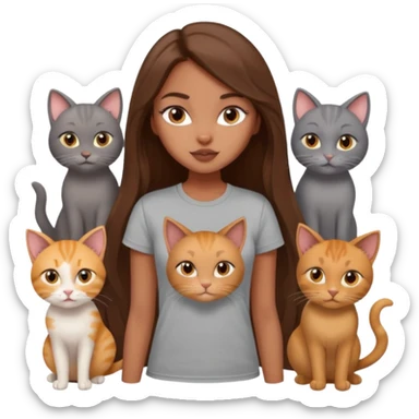 a pretty bratz dusky girl with long brown hair with six cats nd wearing a grey tshirt sticker