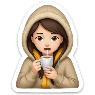 a brunette girl sitting cozily in a beige fur hoodie sipping coffee while crying sticker