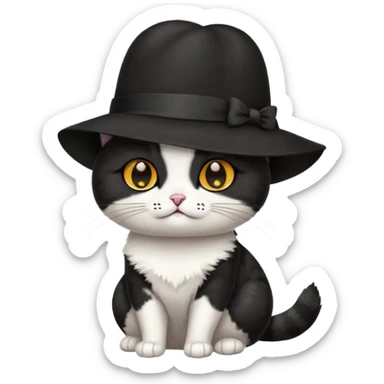 Chat blanc avec des tâches noir en costume, neud papillon et chapeau. sticker
