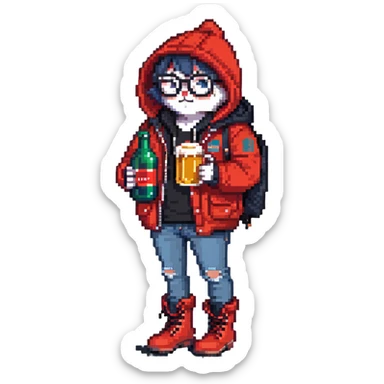 Catfish wearing red hooded winter jacket, round glasses, blue jeans, red boots, holding beer can with red label sticker