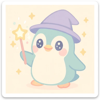 adorable penguin wizard casting a spell with sparkles, whimsical and cute sticker
