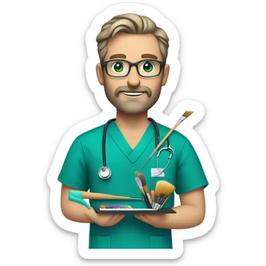 male dark blond with grey beard doctor with blue-green eyes and wire-rimmed glasses in teal scrubs holding a paintbrush and a paint palette sticker