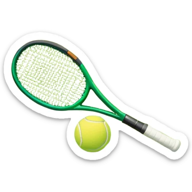A tennis racket and ball placed on the grass court, with the lines of the court clearly visible in the background. The scene captures the essence of the sport, highlighting the equipment and the vibrant, open atmosphere of a tennis match sticker