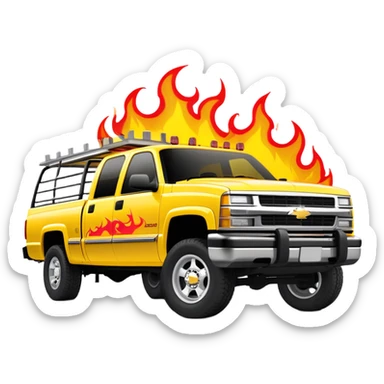 Bright yellow 1997 Chevy Silverado C-2500 Crew Cab with detailed red flame graphics on hood, 30-degree angle showing flames clearly, Kill Bill 'Pussy Wagon' truck, iOS emoji style sticker