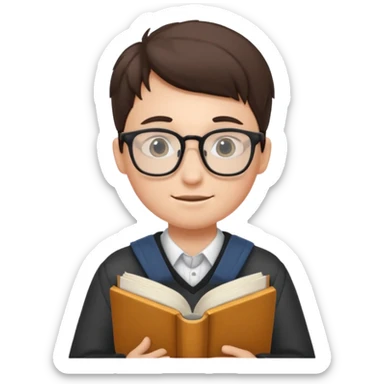 A student wearing glasses, hold book in front of their chest sticker