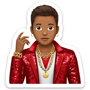 Bobby Brown with dark brown hair, red sequin jacket, shirtless with necklace sticker
