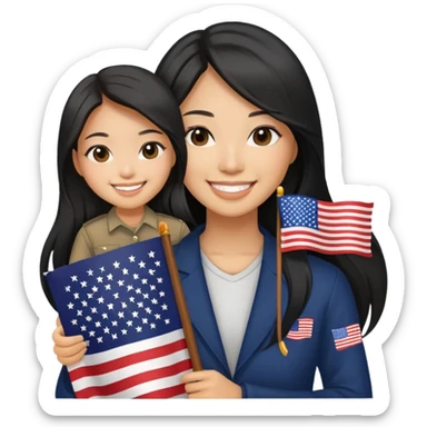 Asian woman smiling, black and long hair, holding an American flag sticker