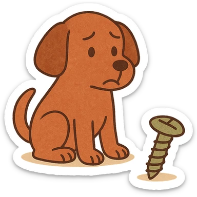 playful cartoon dog looking worriedly at a screw, visual pun for 'Don't screw the pooch' sticker