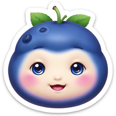 Cute Kawaii Blueberry, small and chubby, deep blue-purple with a tiny leafy crown, bright sparkling eyes, a soft round body, cute blushing cheeks, full of berry sweetness! sticker