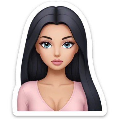 Glamours, tanned, very beautiful girl, with big pump peach-beige-rose lips, long long lashes, black straight smooth silky long hair, straight parting hair, blue-grey eyes in light pink long-sleeves v-neck bodysuit sticker
