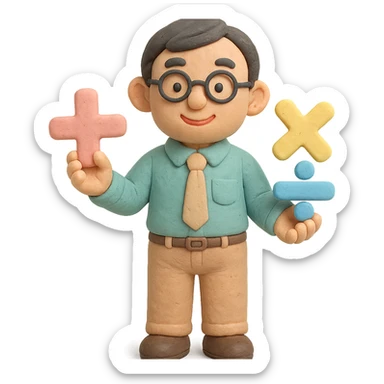 claymation style Chinese math teacher with pastel colors holding math symbols sticker